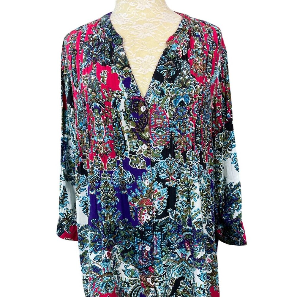 Coldwater Creek 3/4 Sleeve V-Neck Pintuck Bodice Floral MOP Button Tunic 1X/18